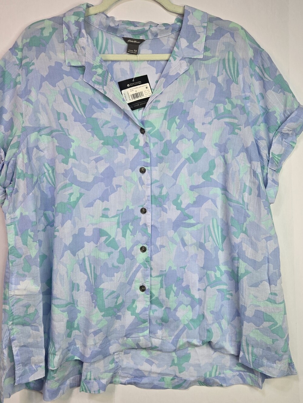 EDDIE BAUER Size 1X S/Sleeve Button Front Packable Camp Shirt NWT Color: Azure